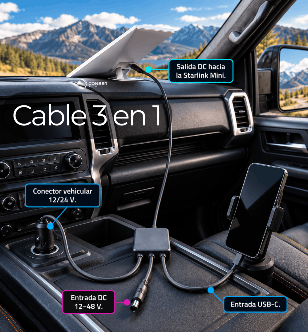 Cable 3 en 1 para Starlink Mini 2m 140W USB-C + 12V/24V + DC IP68 Resistente Agua y Polvo