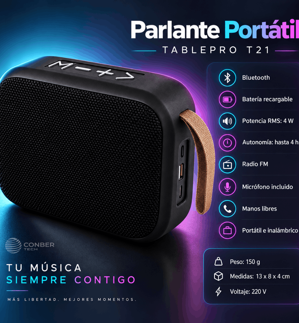 Parlante T21 Bluetooth Portatil - Compacto - Liviano - Imagen 2